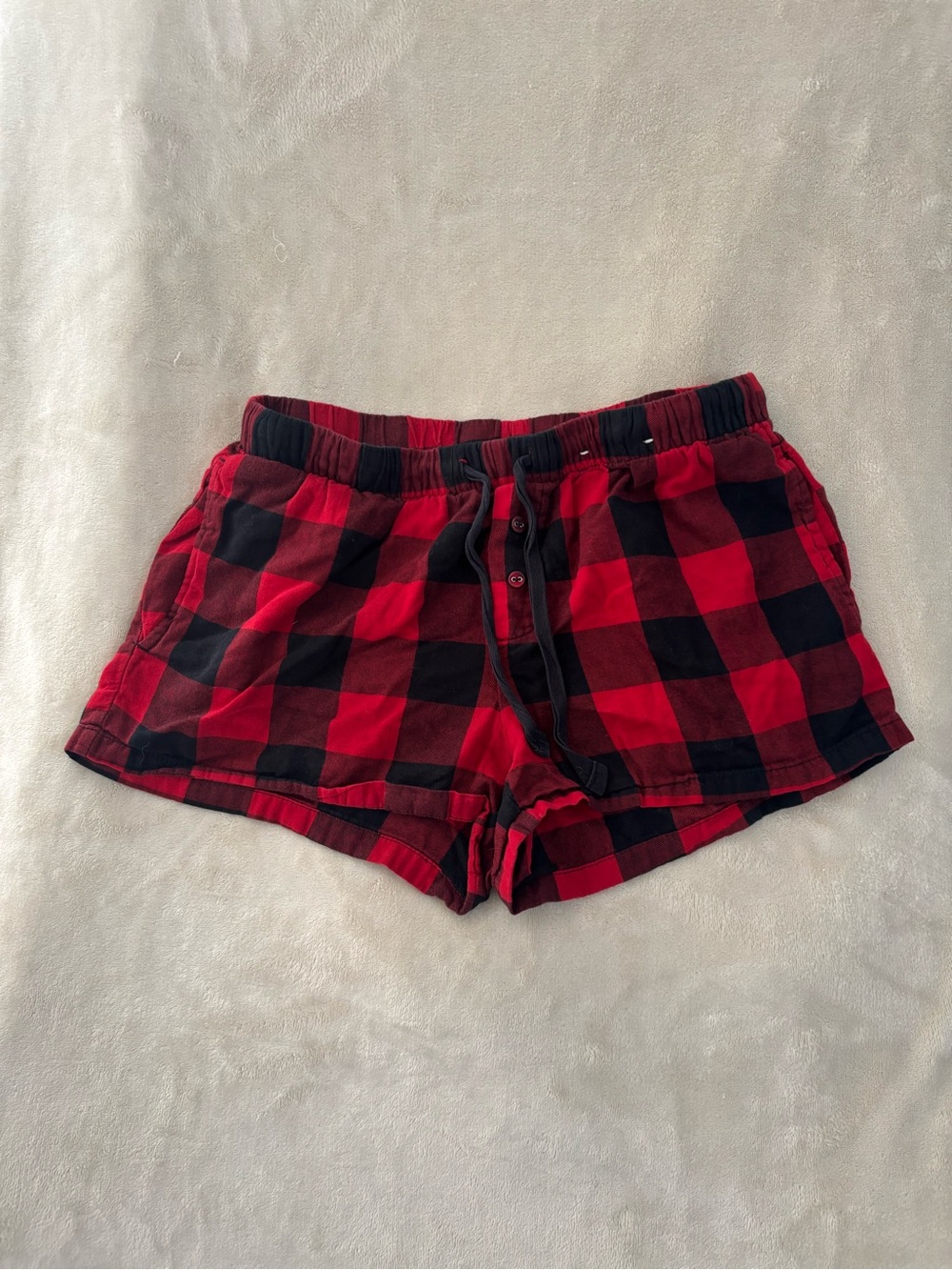 stars above Red and Black Buffalo Plaid Athletic Lounge Shorts